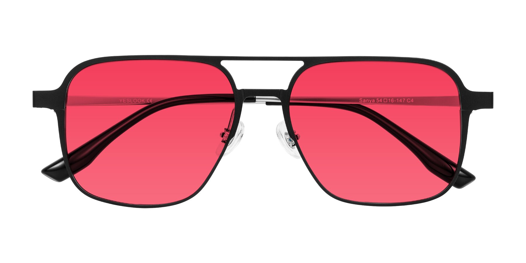 Folded Front of Sanya in Matte Black/Silver with Red Tinted Lenses