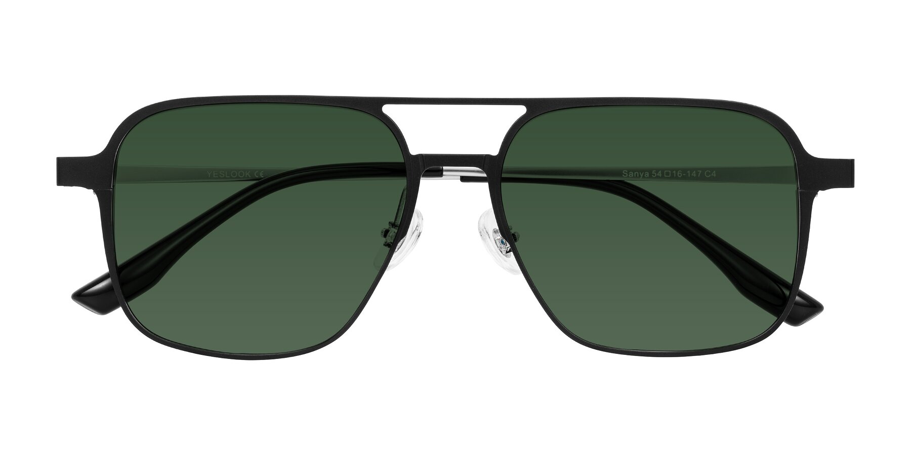 Folded Front of Sanya in Matte Black/Silver with Green Tinted Lenses