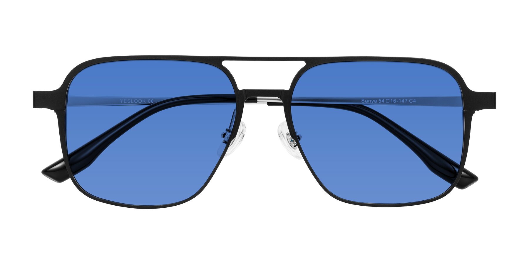 Folded Front of Sanya in Matte Black/Silver with Blue Tinted Lenses