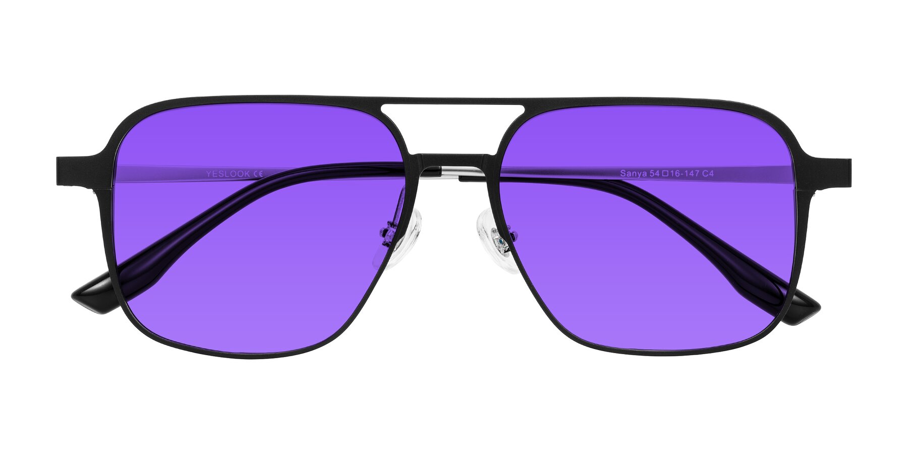 Folded Front of Sanya in Matte Black/Silver with Purple Tinted Lenses