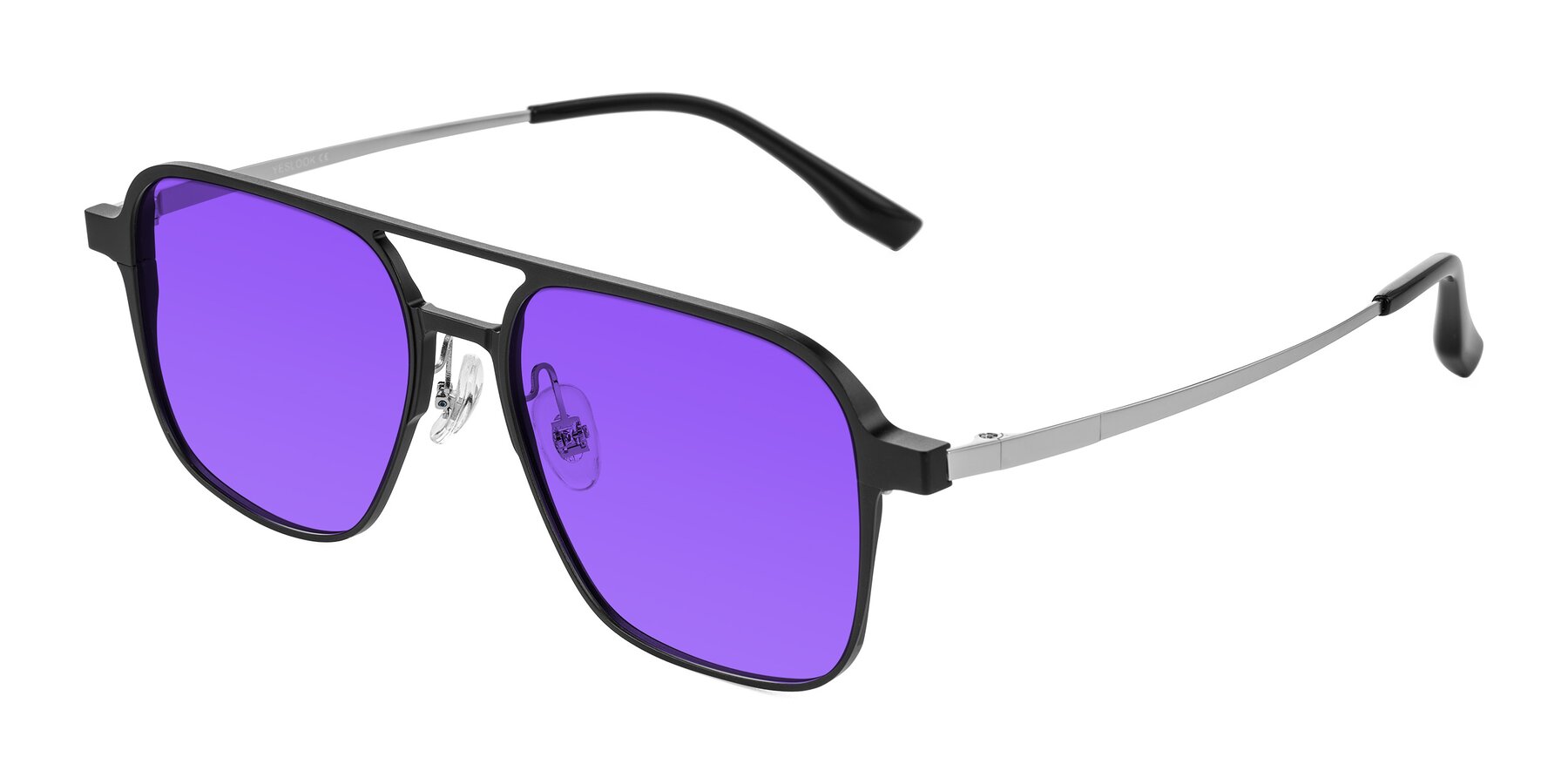 Angle of Sanya in Matte Black/Silver with Purple Tinted Lenses