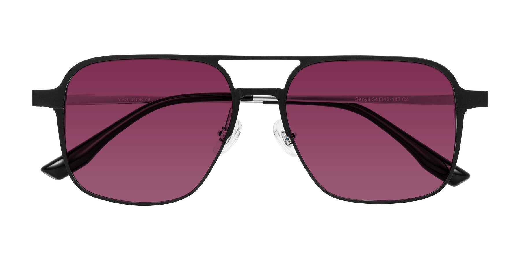 Folded Front of Sanya in Matte Black/Silver with Wine Tinted Lenses