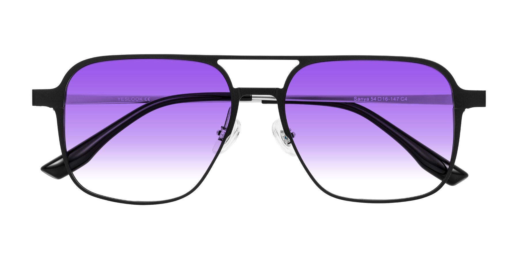 Folded Front of Sanya in Matte Black/Silver with Purple Gradient Lenses