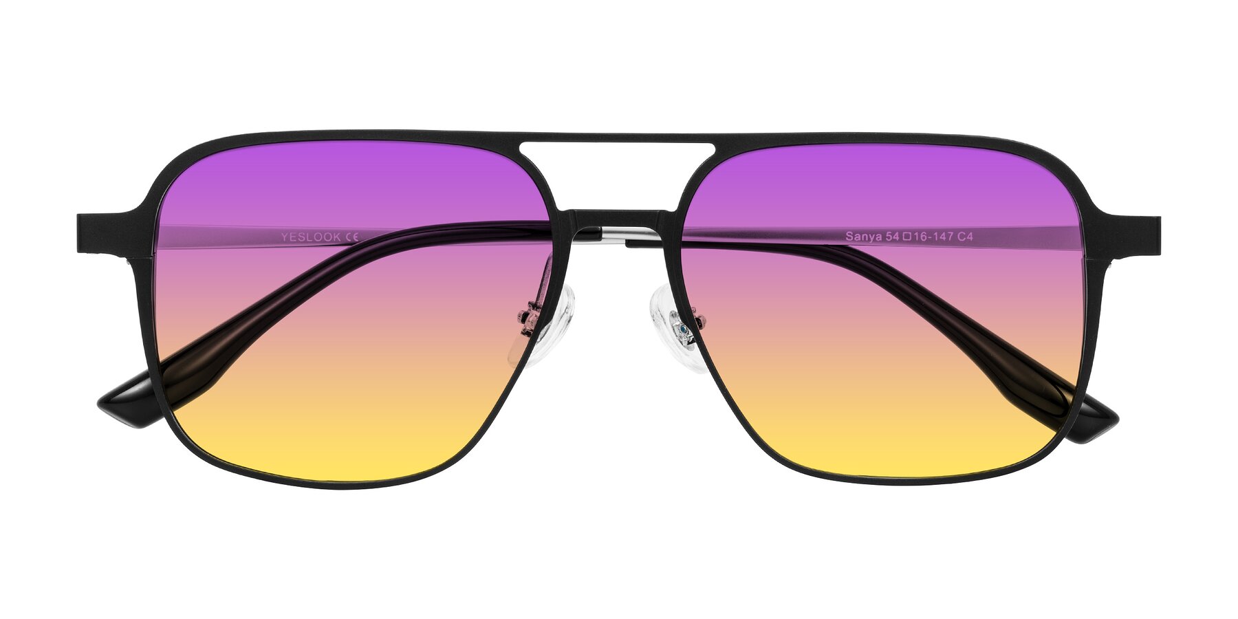 Folded Front of Sanya in Matte Black/Silver with Purple / Yellow Gradient Lenses