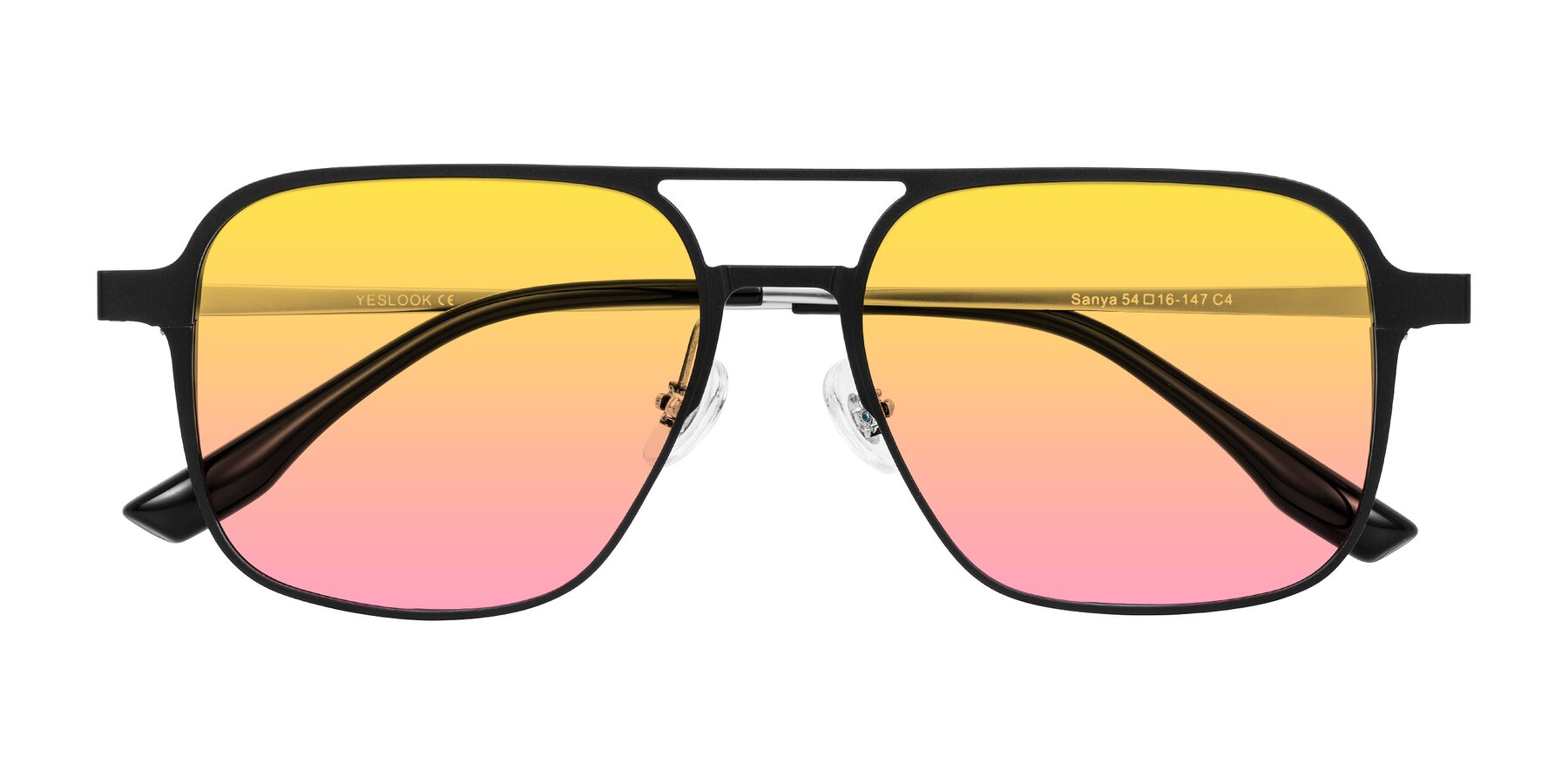 Folded Front of Sanya in Matte Black/Silver with Yellow / Pink Gradient Lenses