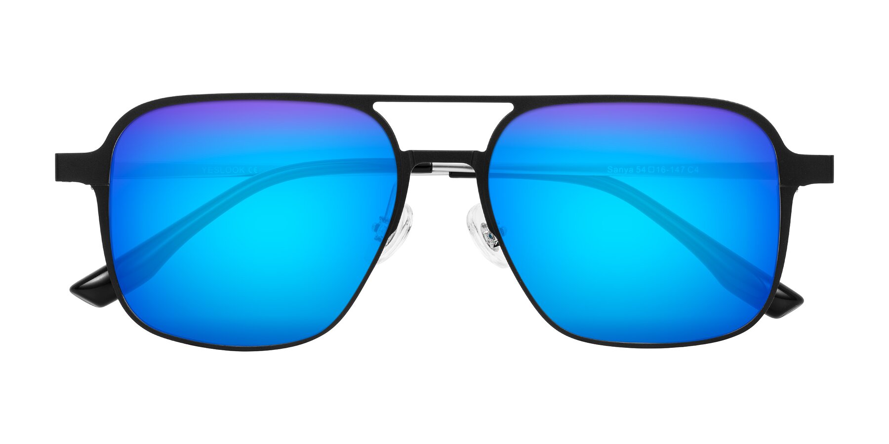 Folded Front of Sanya in Matte Black/Silver with Blue Mirrored Lenses