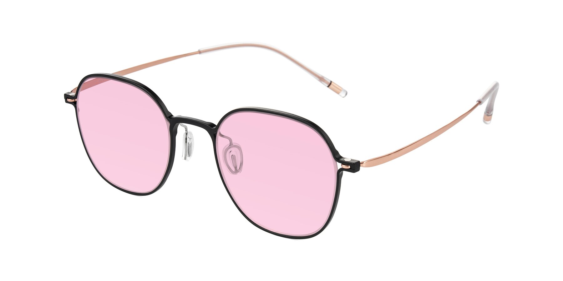 Angle of Lytle in Matte Black/Rose Glod with Light Pink Tinted Lenses