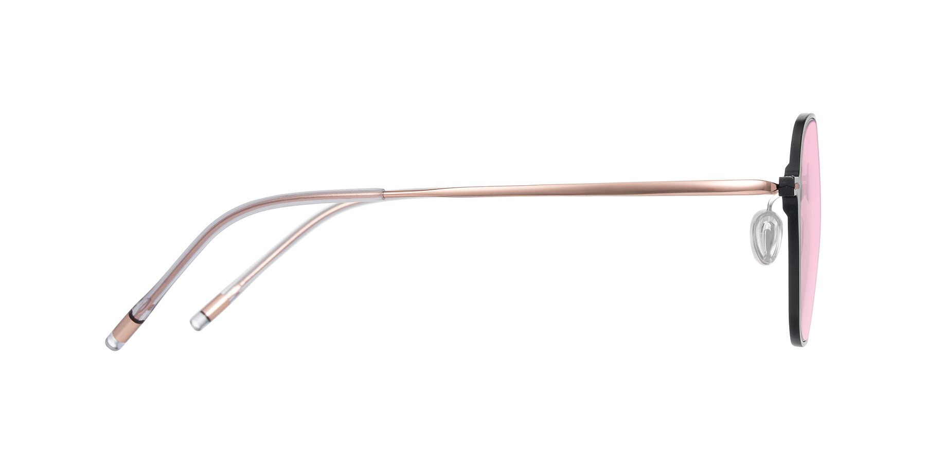 Side of Lytle in Matte Black/Rose Glod with Light Pink Tinted Lenses