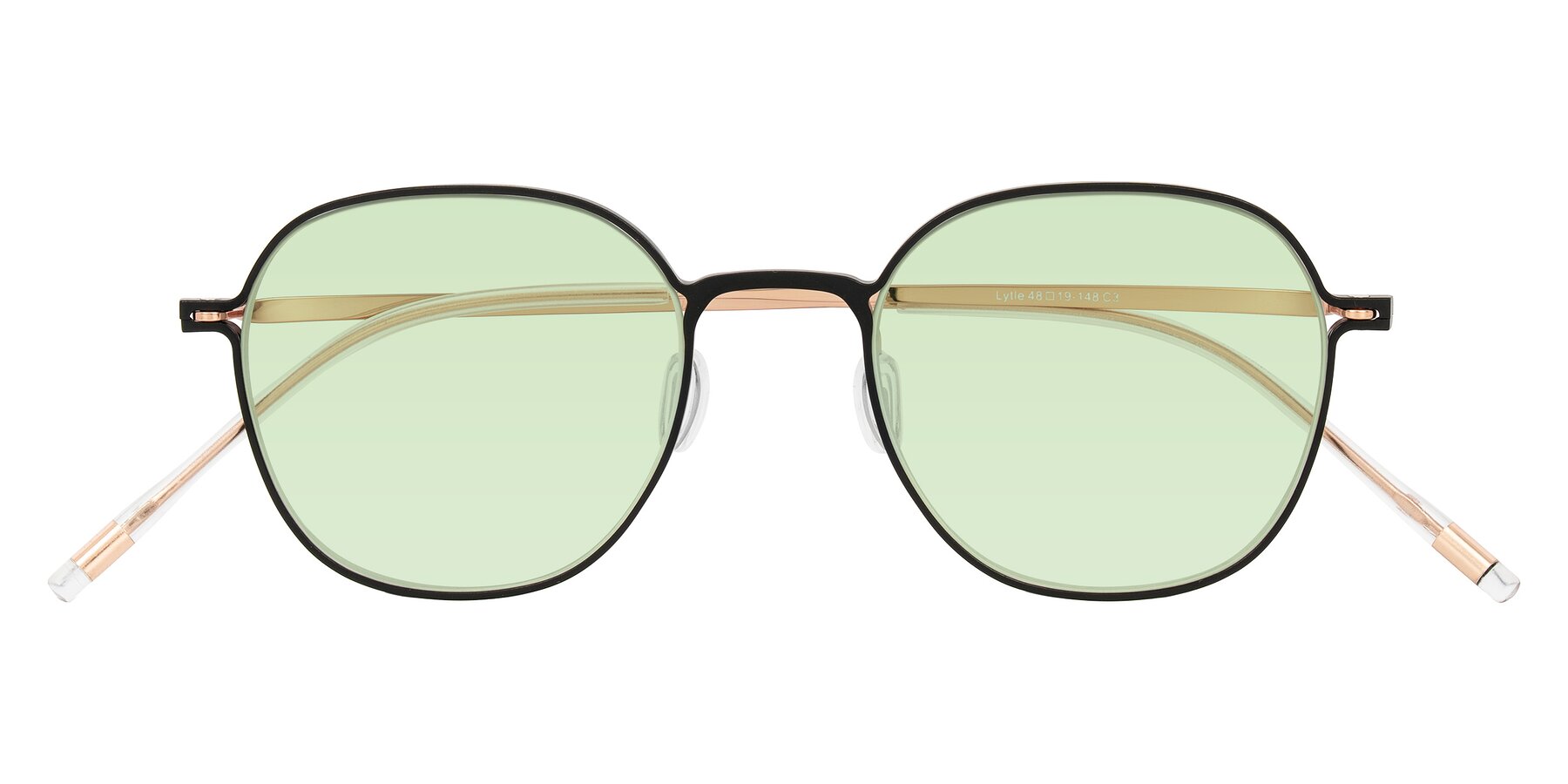 Folded Front of Lytle in Matte Black/Rose Glod with Light Green Tinted Lenses