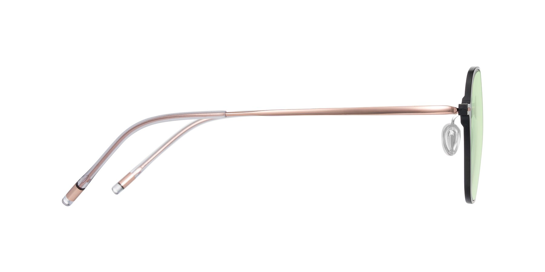 Side of Lytle in Matte Black/Rose Glod with Light Green Tinted Lenses