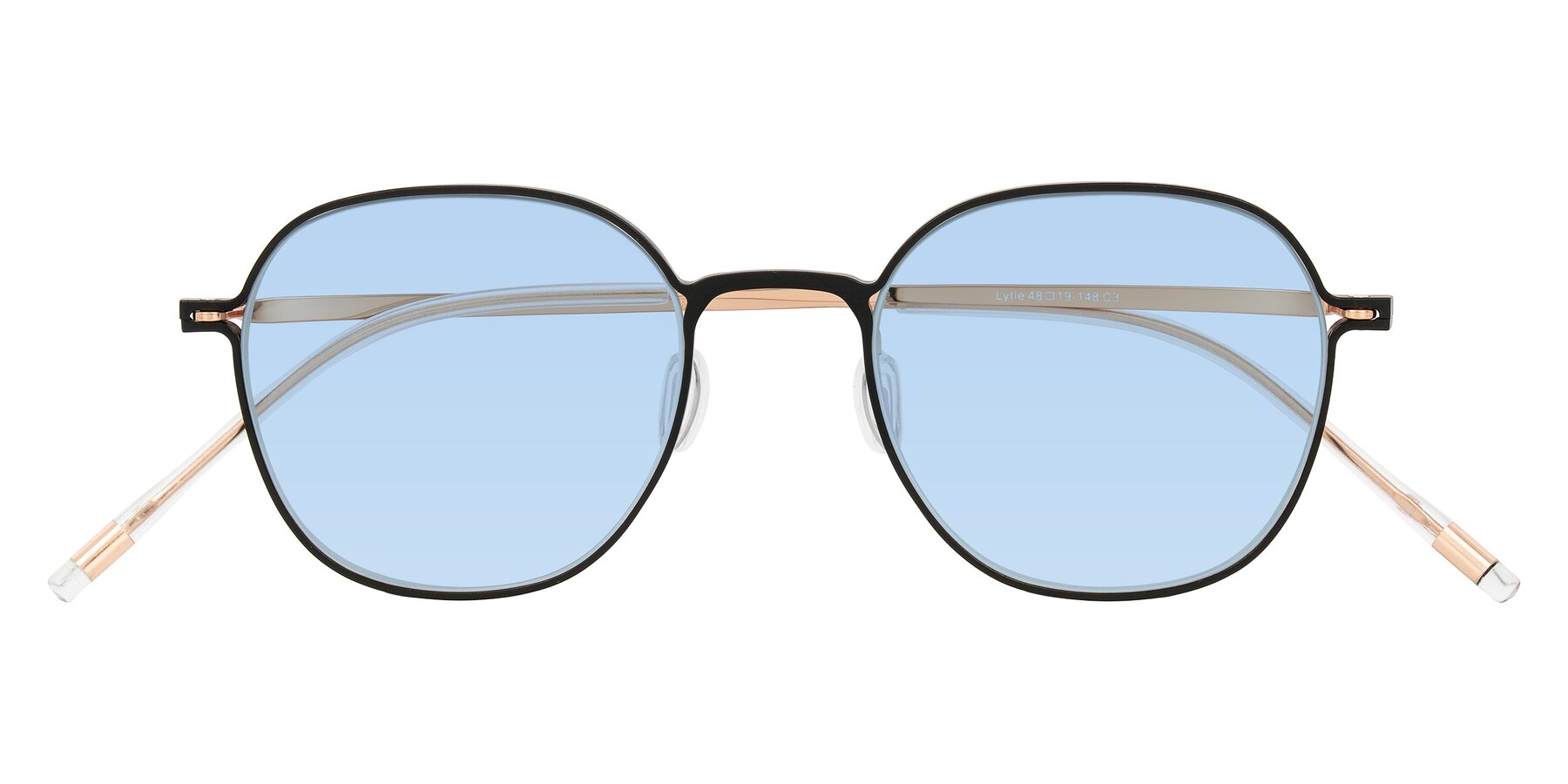 Folded Front of Lytle in Matte Black/Rose Glod with Light Blue Tinted Lenses