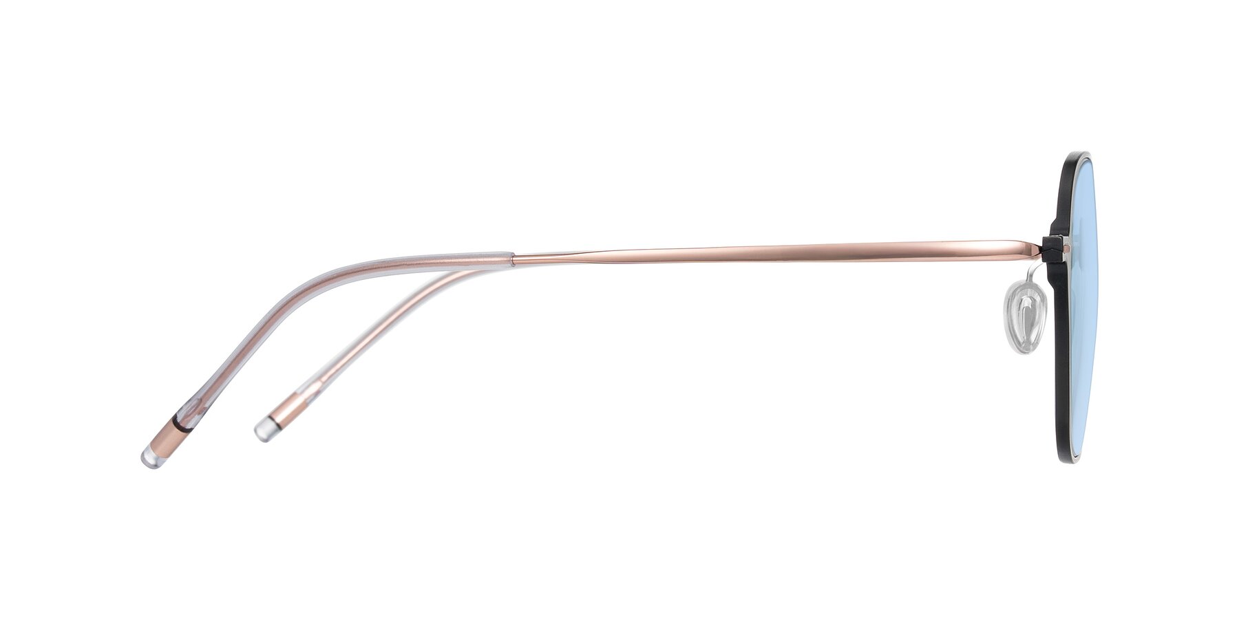 Side of Lytle in Matte Black/Rose Glod with Light Blue Tinted Lenses
