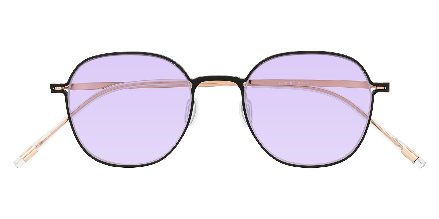 Folded Front of Lytle in Matte Black/Rose Glod with Light Purple Tinted Lenses