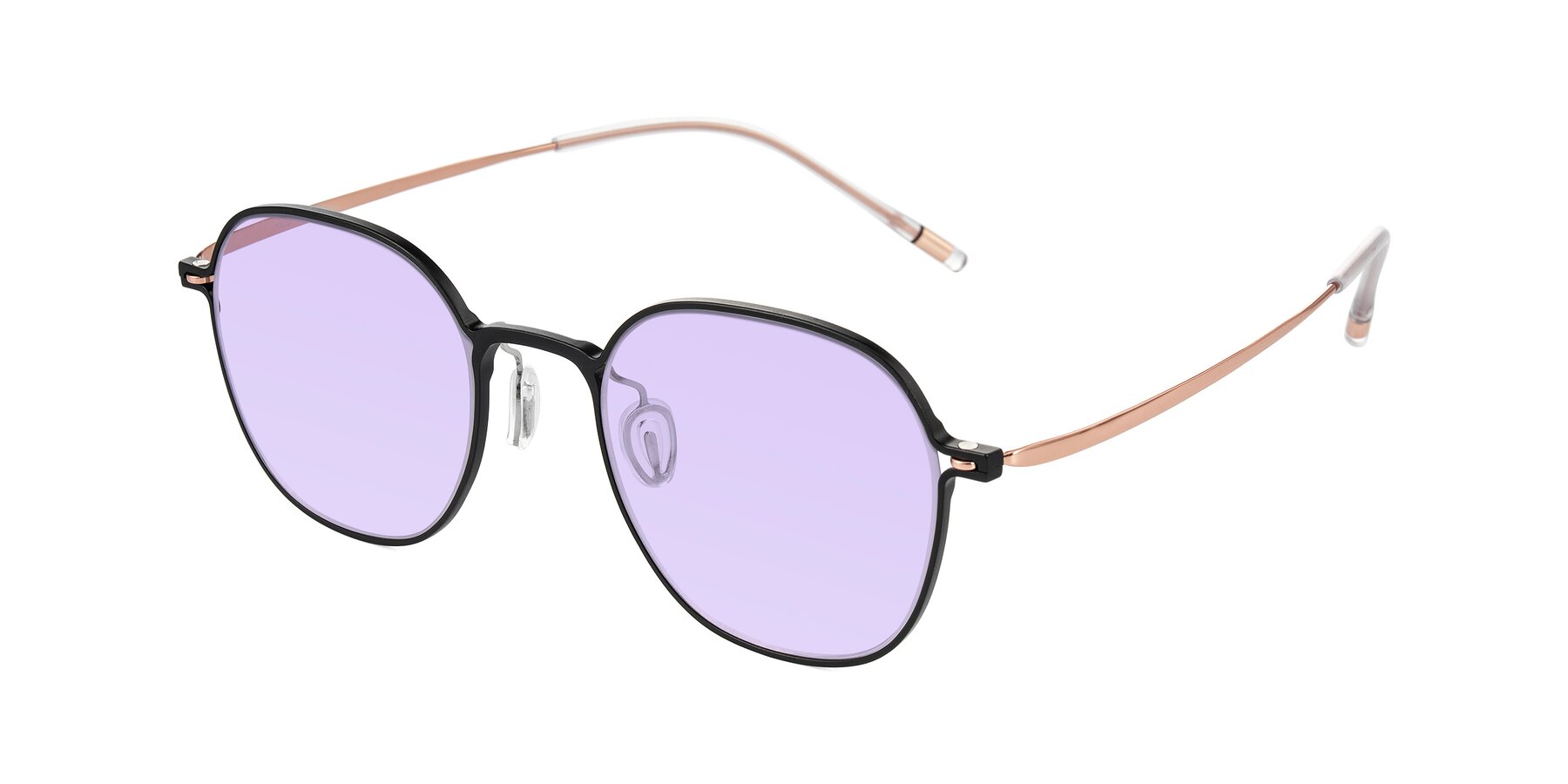 Angle of Lytle in Matte Black/Rose Glod with Light Purple Tinted Lenses