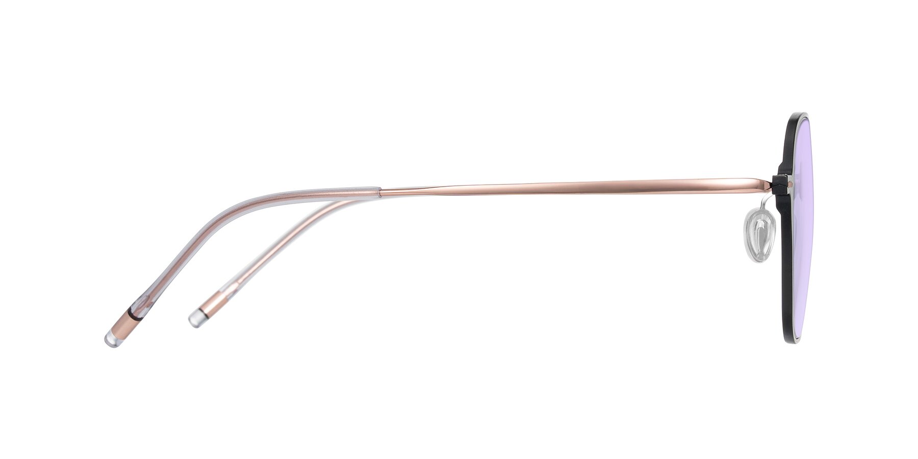 Side of Lytle in Matte Black/Rose Glod with Light Purple Tinted Lenses