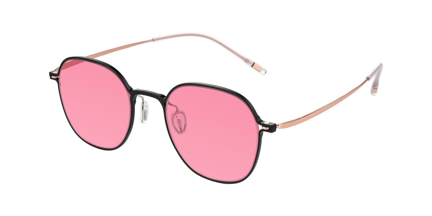 Angle of Lytle in Matte Black/Rose Glod with Pink Tinted Lenses