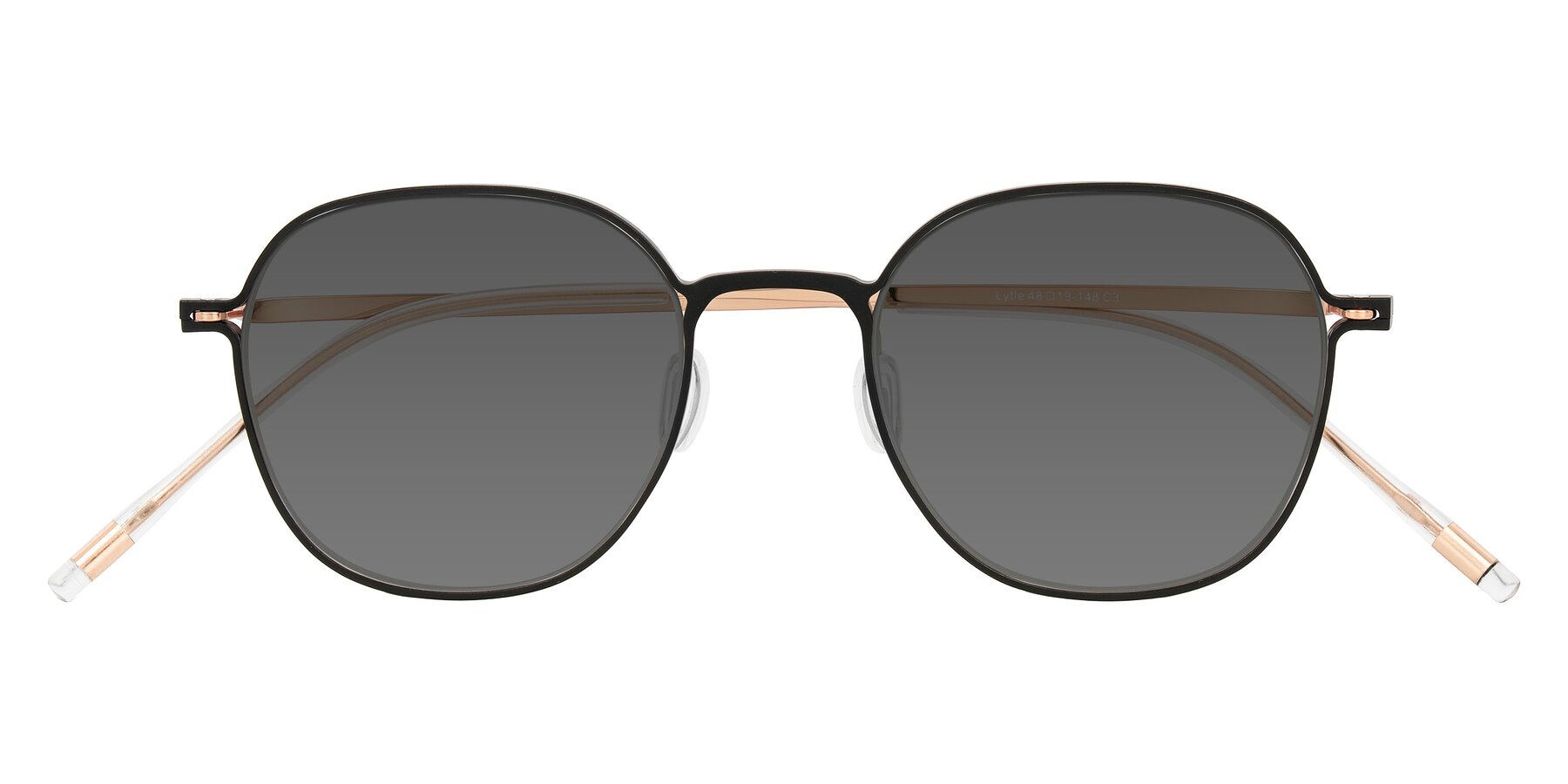 Folded Front of Lytle in Matte Black/Rose Glod with Medium Gray Tinted Lenses