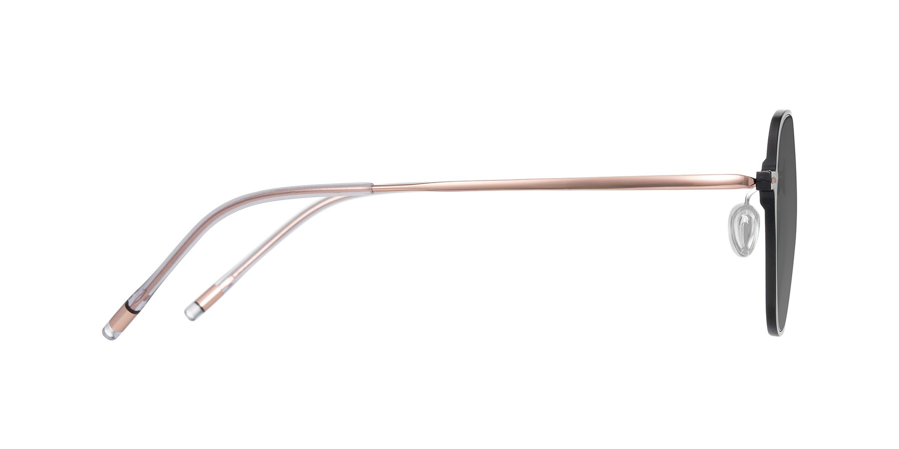 Side of Lytle in Matte Black/Rose Glod with Medium Gray Tinted Lenses
