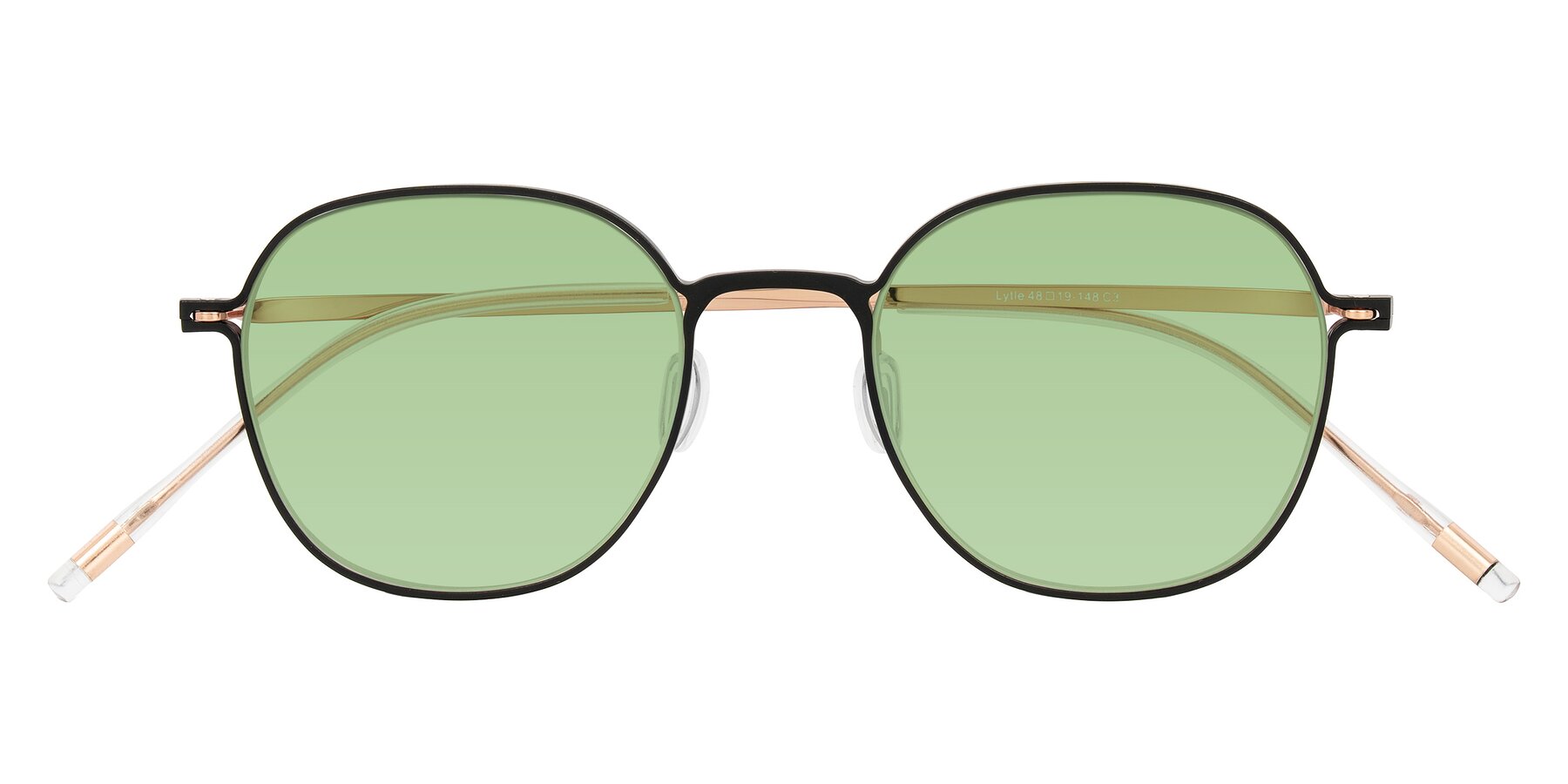 Folded Front of Lytle in Matte Black/Rose Glod with Medium Green Tinted Lenses