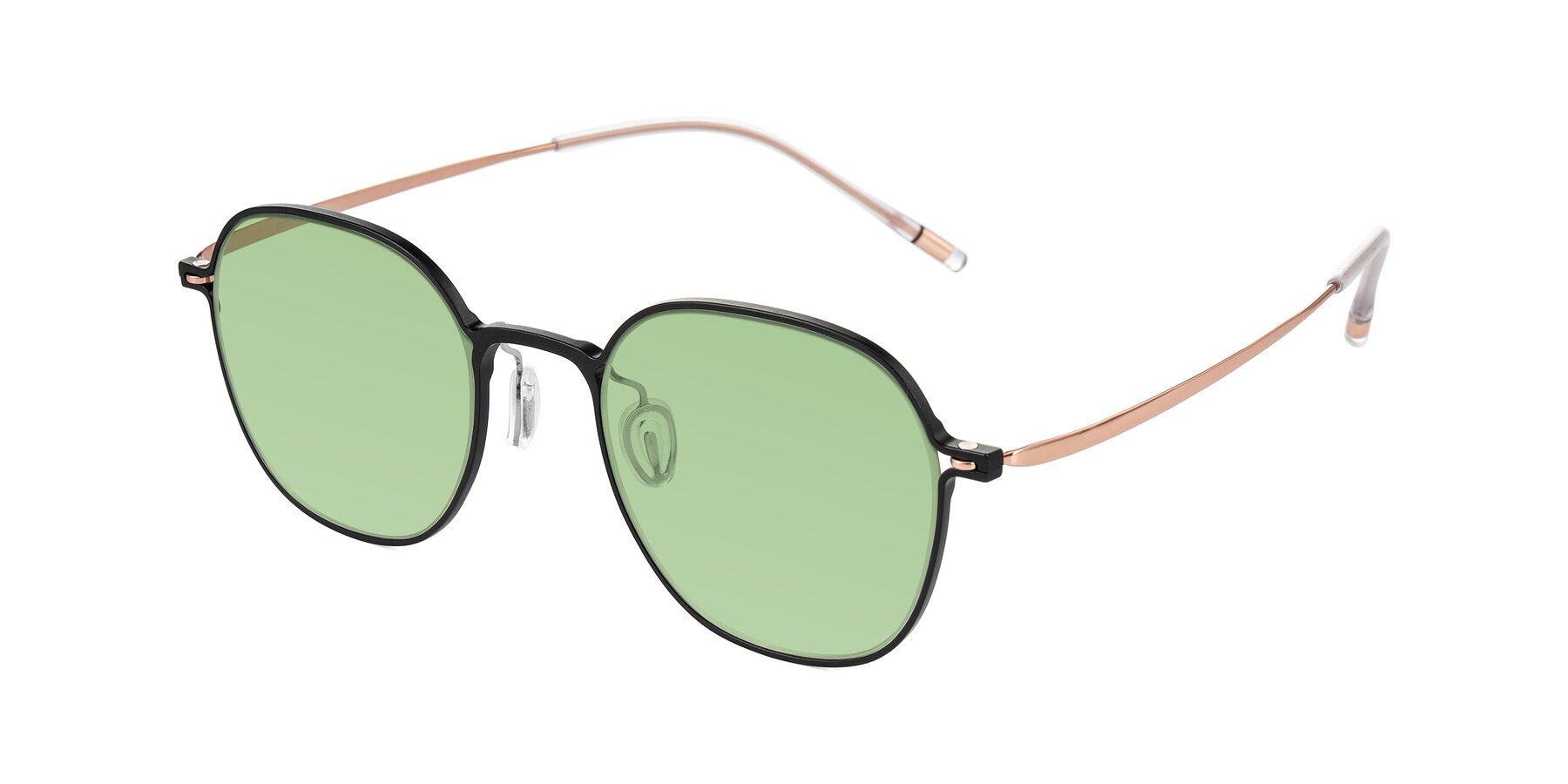 Angle of Lytle in Matte Black/Rose Glod with Medium Green Tinted Lenses