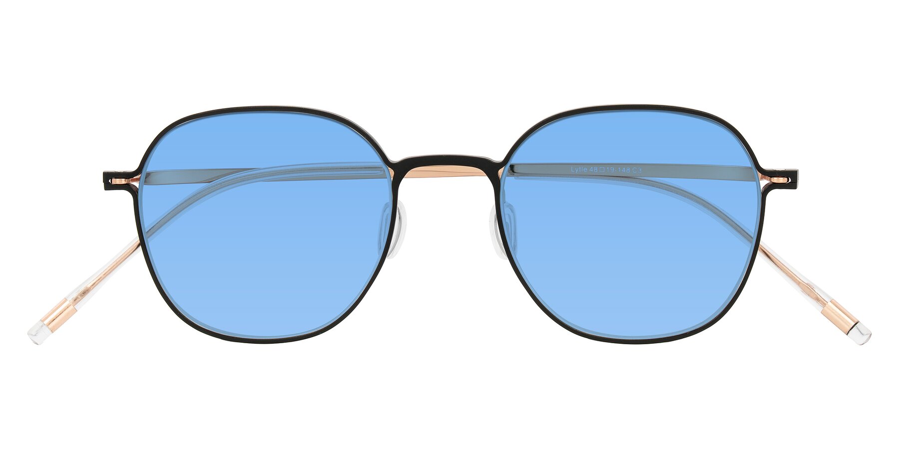 Folded Front of Lytle in Matte Black/Rose Glod with Medium Blue Tinted Lenses