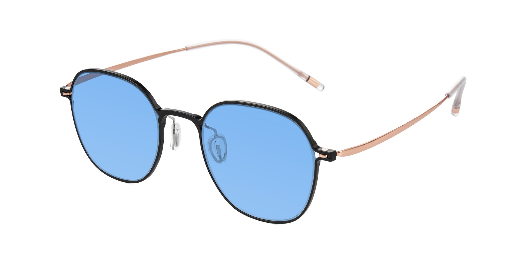 Angle of Lytle in Matte Black/Rose Glod with Medium Blue Tinted Lenses
