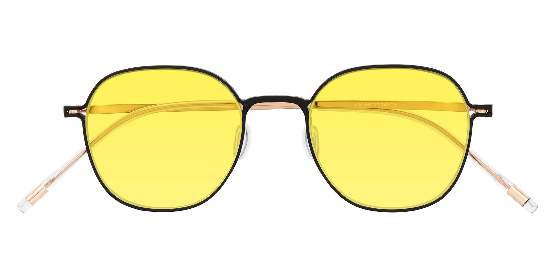 Folded Front of Lytle in Matte Black/Rose Glod with Medium Yellow Tinted Lenses