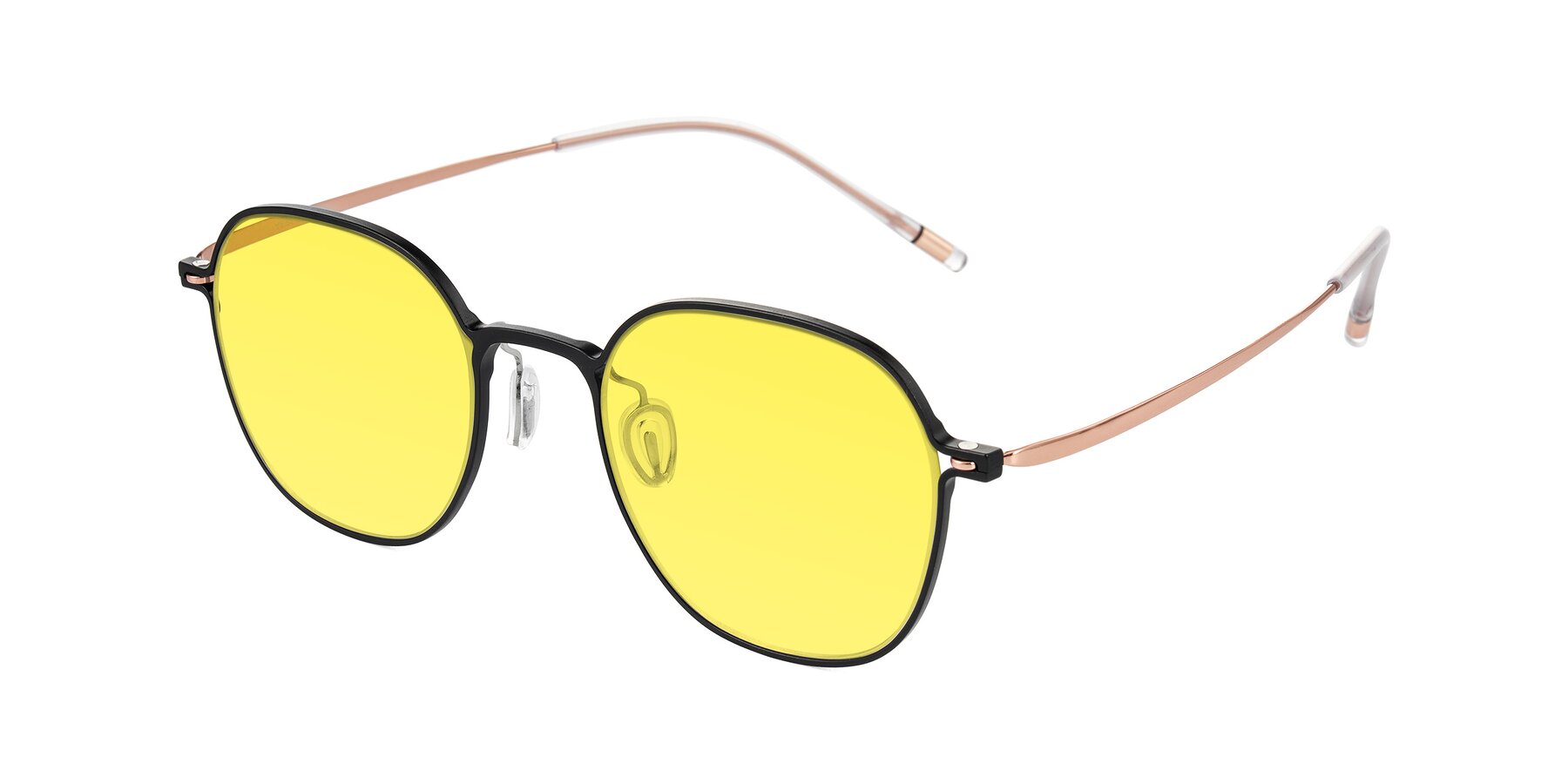 Angle of Lytle in Matte Black/Rose Glod with Medium Yellow Tinted Lenses