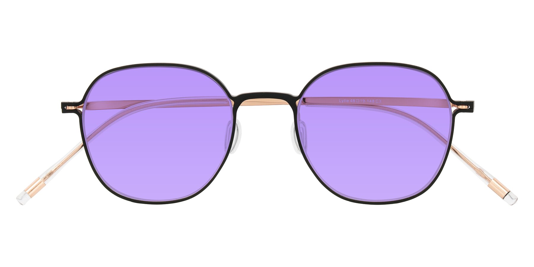 Folded Front of Lytle in Matte Black/Rose Glod with Medium Purple Tinted Lenses