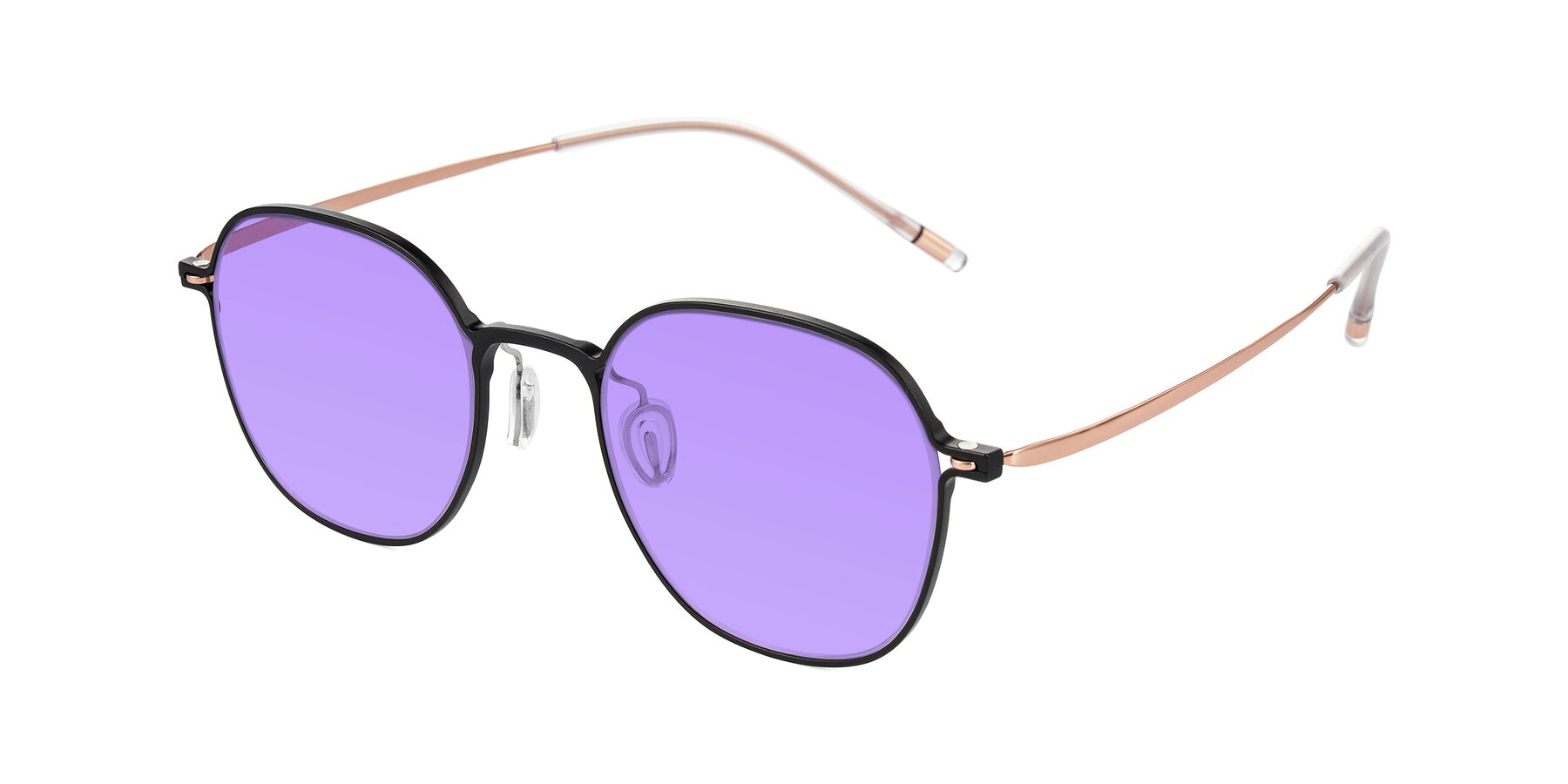 Angle of Lytle in Matte Black/Rose Glod with Medium Purple Tinted Lenses