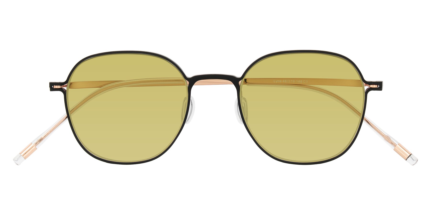 Folded Front of Lytle in Matte Black/Rose Glod with Medium Champagne Tinted Lenses