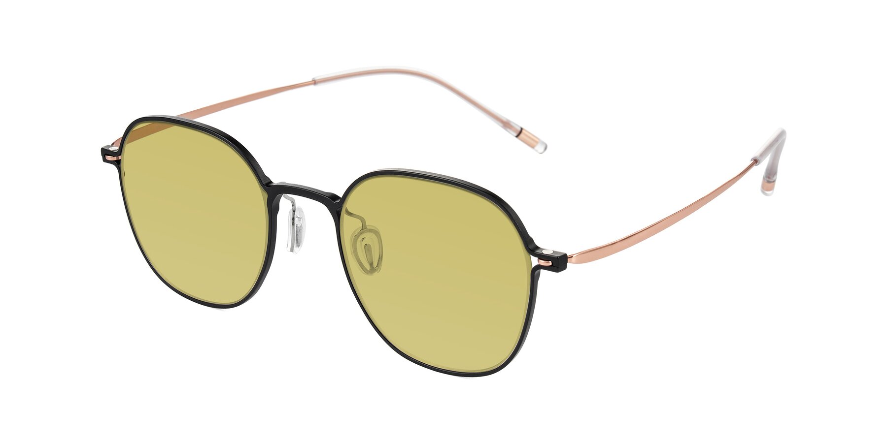 Angle of Lytle in Matte Black/Rose Glod with Medium Champagne Tinted Lenses