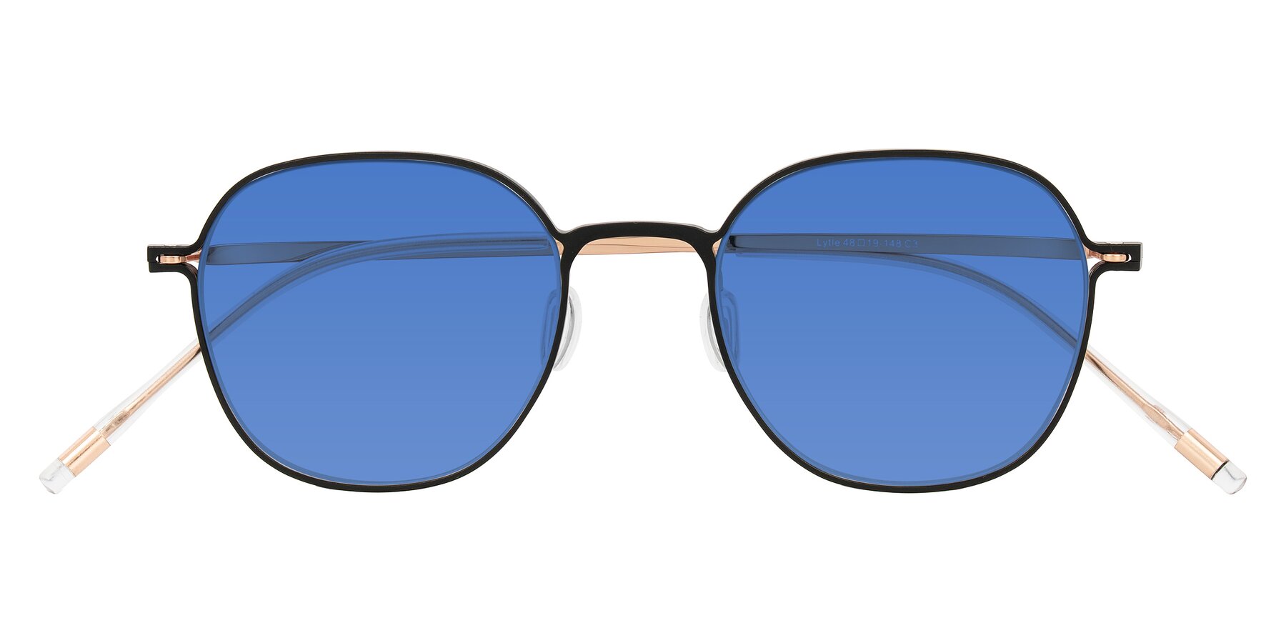 Folded Front of Lytle in Matte Black/Rose Glod with Blue Tinted Lenses
