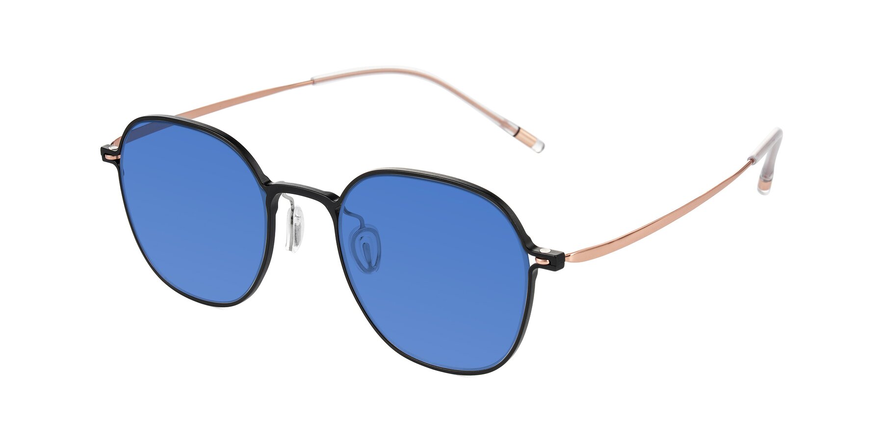 Angle of Lytle in Matte Black/Rose Glod with Blue Tinted Lenses