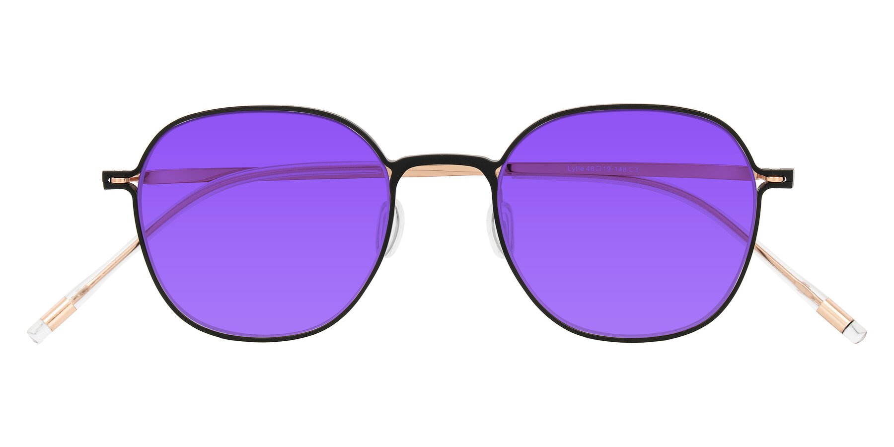 Folded Front of Lytle in Matte Black/Rose Glod with Purple Tinted Lenses