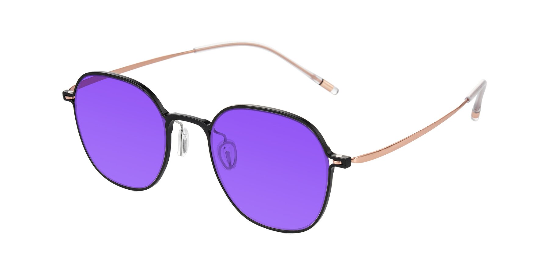 Angle of Lytle in Matte Black/Rose Glod with Purple Tinted Lenses