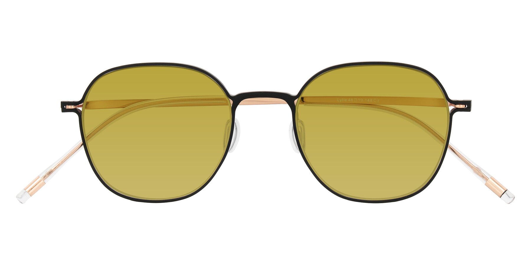 Folded Front of Lytle in Matte Black/Rose Glod with Champagne Tinted Lenses
