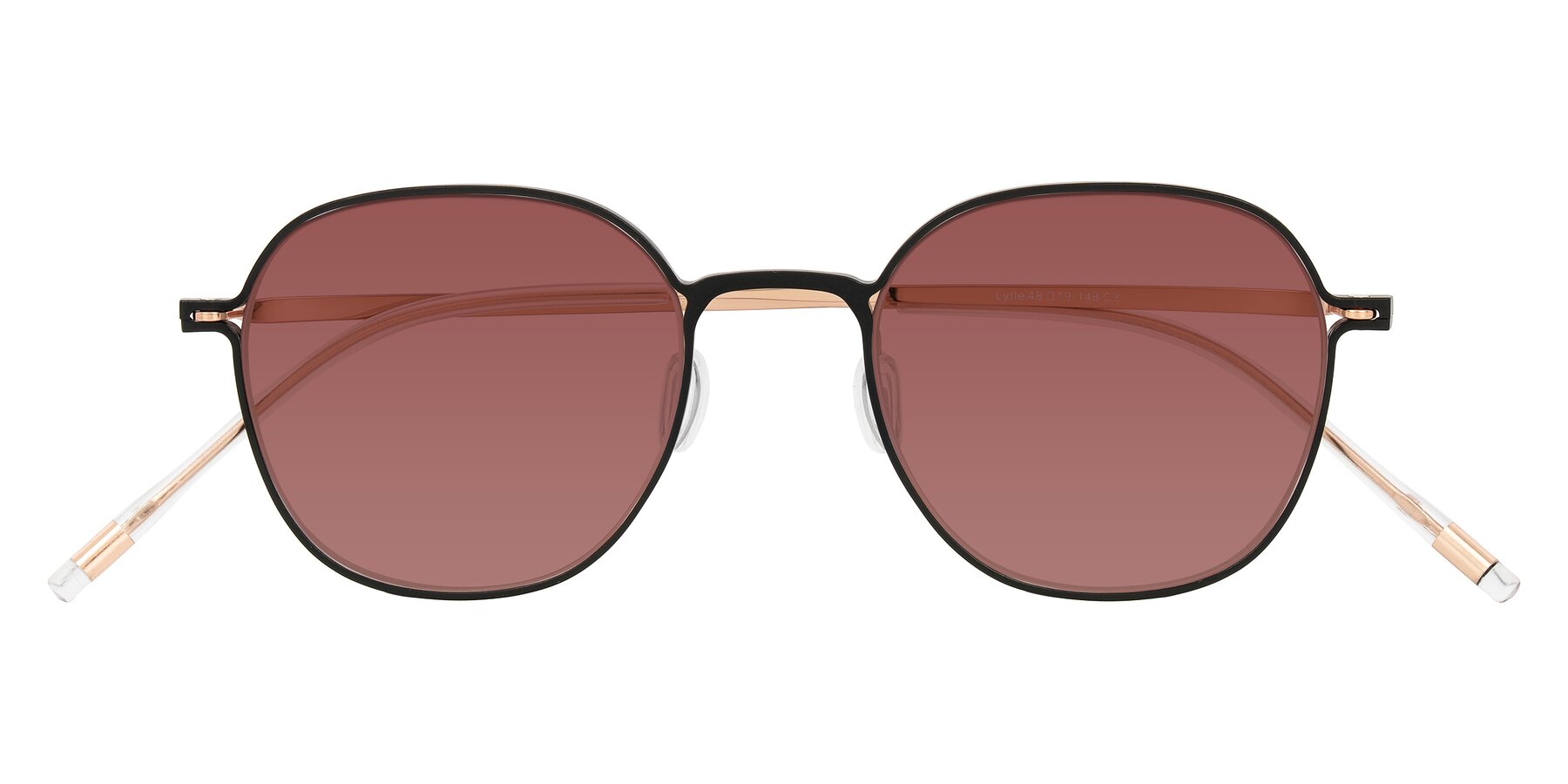 Folded Front of Lytle in Matte Black/Rose Glod with Garnet Tinted Lenses