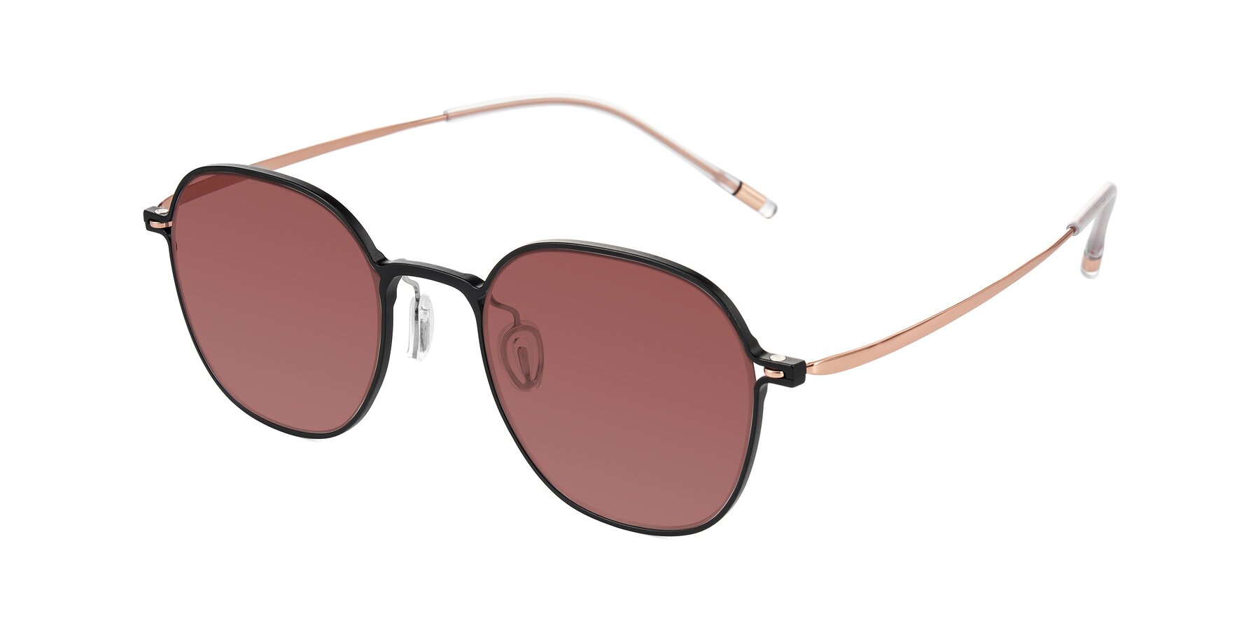 Angle of Lytle in Matte Black/Rose Glod with Garnet Tinted Lenses