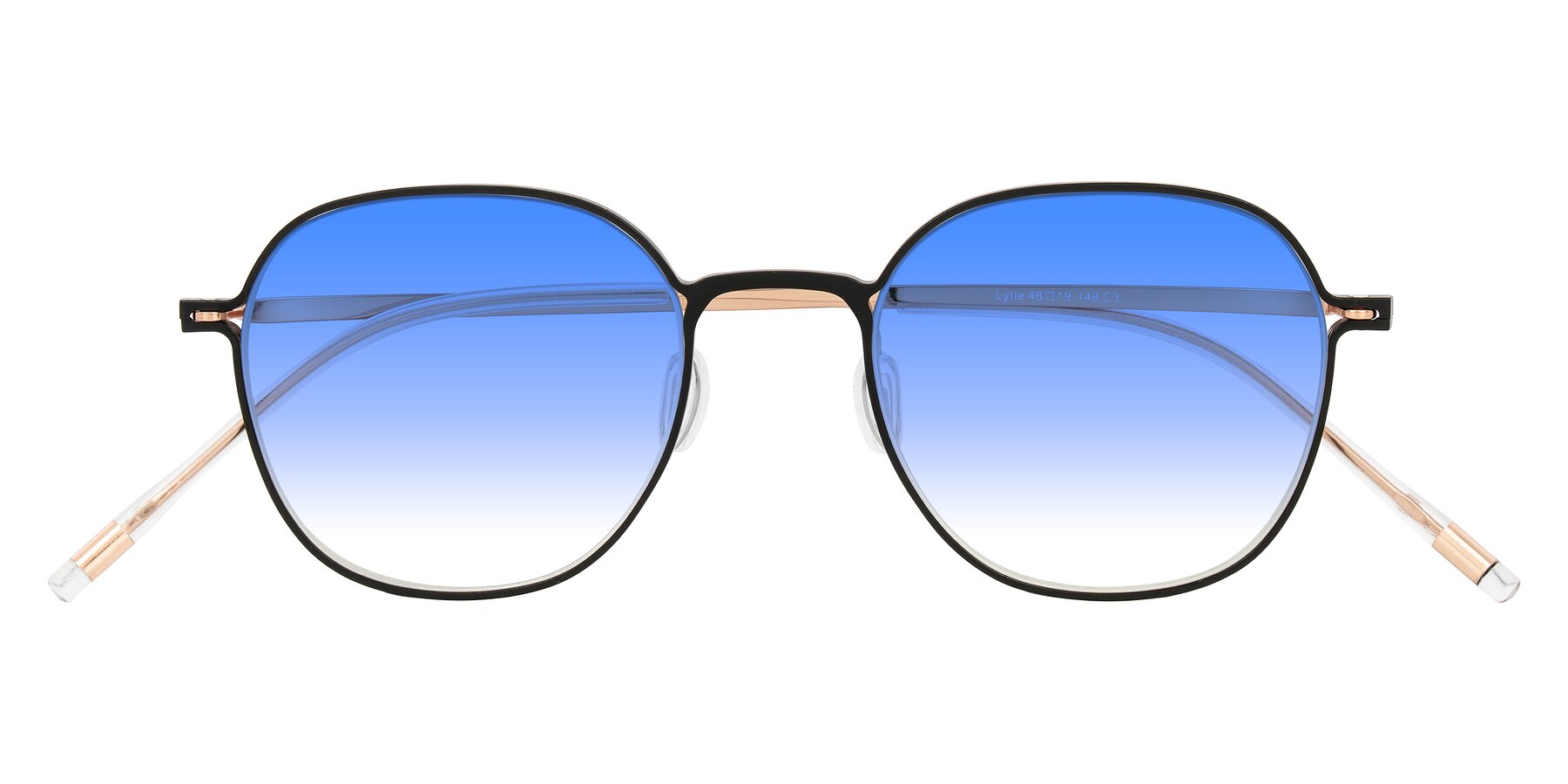 Folded Front of Lytle in Matte Black/Rose Glod with Blue Gradient Lenses