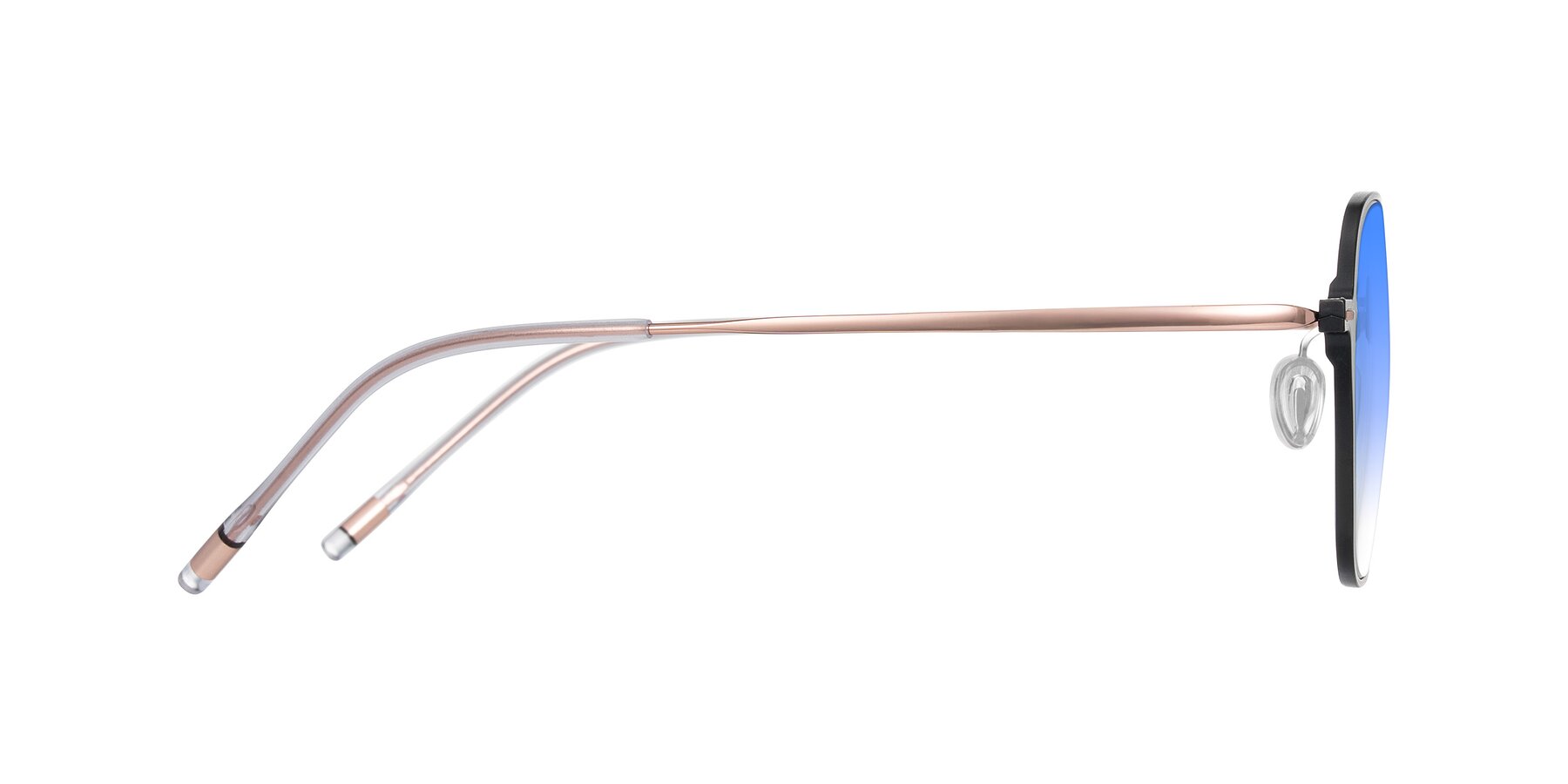 Side of Lytle in Matte Black/Rose Glod with Blue Gradient Lenses