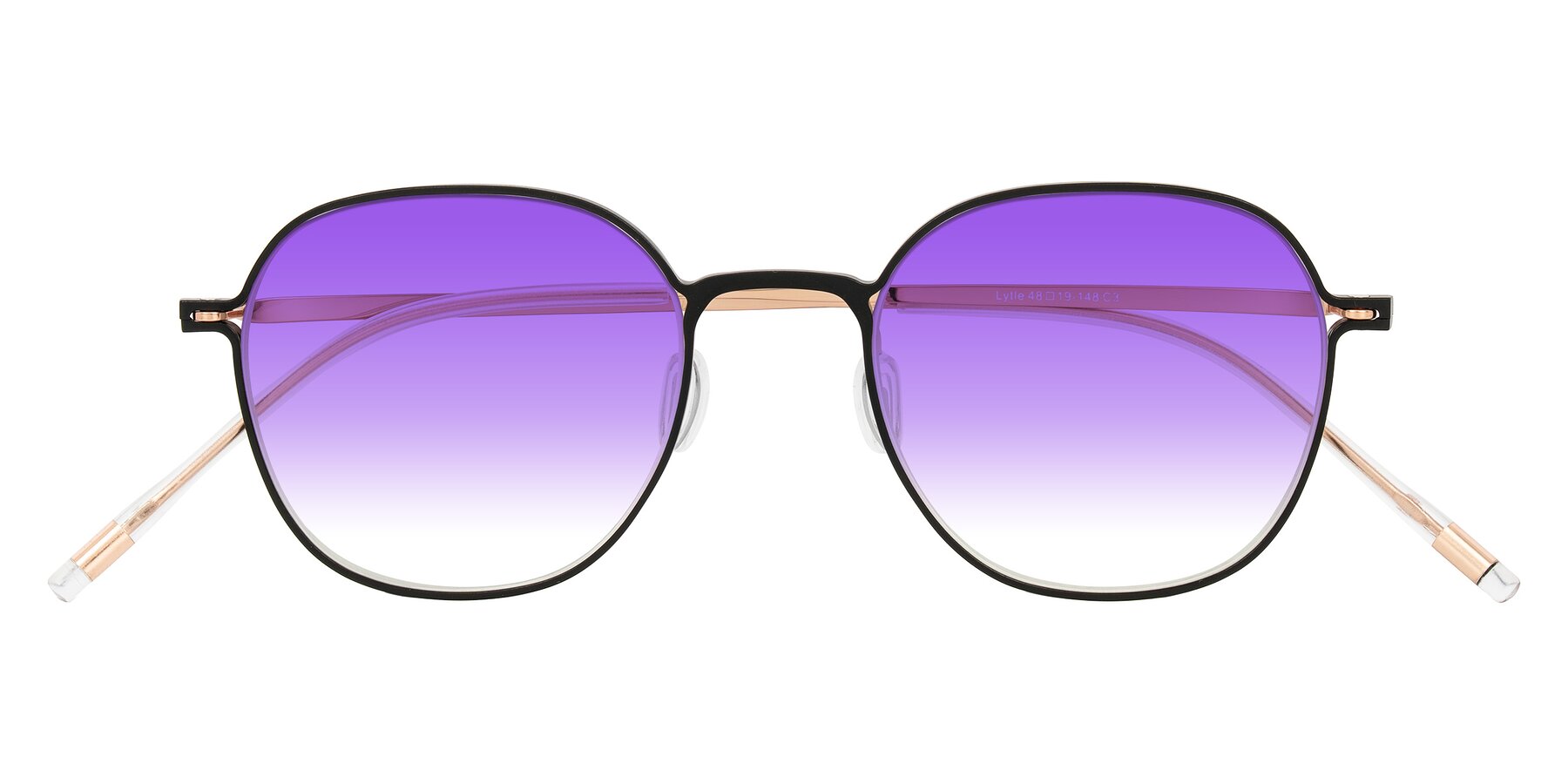 Folded Front of Lytle in Matte Black/Rose Glod with Purple Gradient Lenses