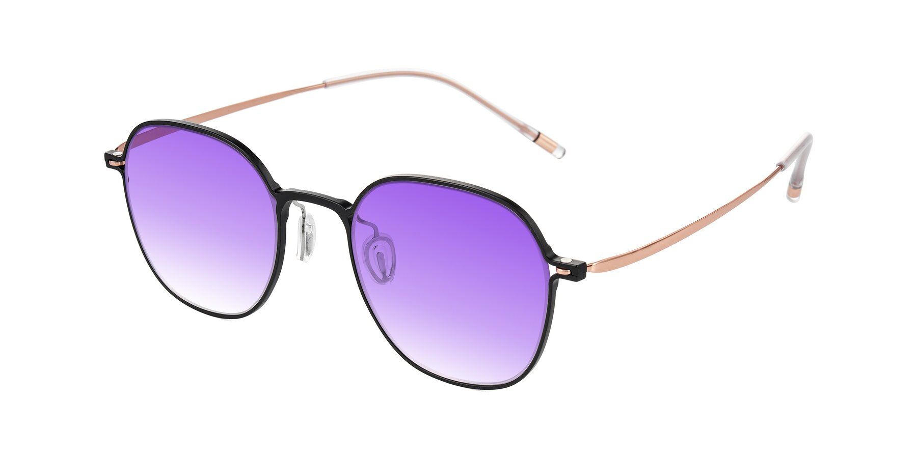 Angle of Lytle in Matte Black/Rose Glod with Purple Gradient Lenses