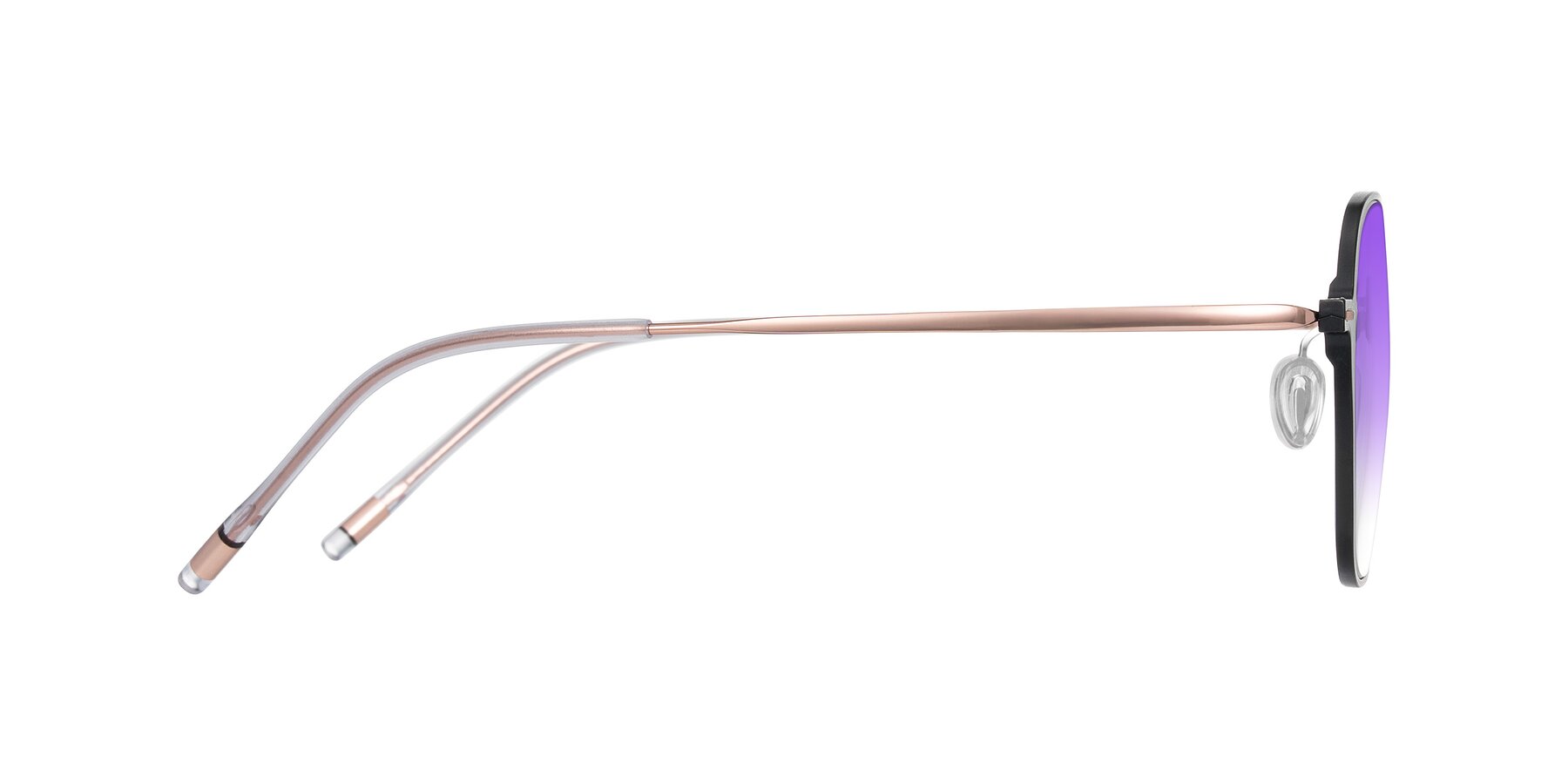 Side of Lytle in Matte Black/Rose Glod with Purple Gradient Lenses