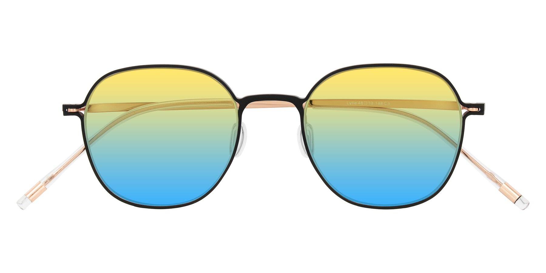 Folded Front of Lytle in Matte Black/Rose Glod with Yellow / Blue Gradient Lenses