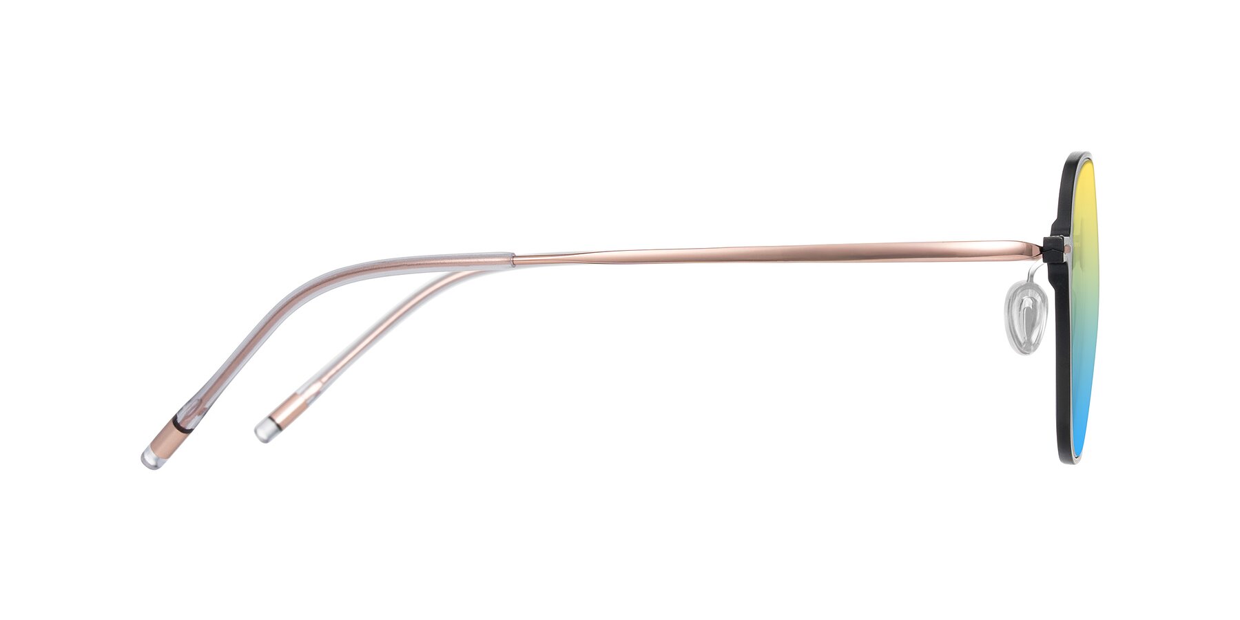 Side of Lytle in Matte Black/Rose Glod with Yellow / Blue Gradient Lenses
