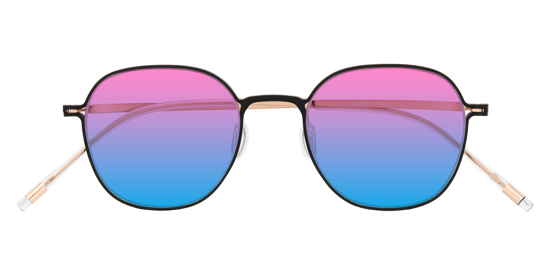 Folded Front of Lytle in Matte Black/Rose Glod with Pink / Blue Gradient Lenses