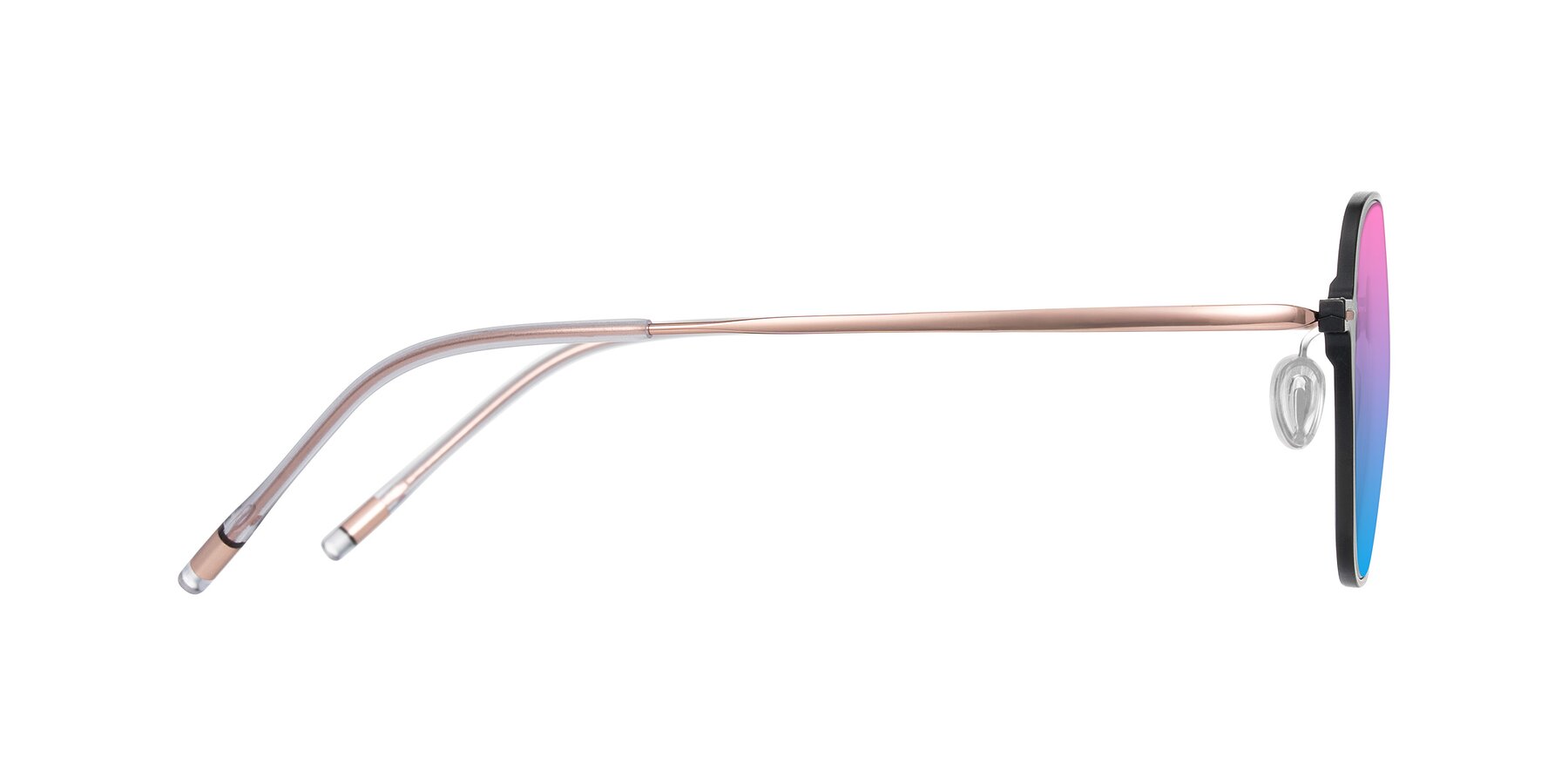 Side of Lytle in Matte Black/Rose Glod with Pink / Blue Gradient Lenses