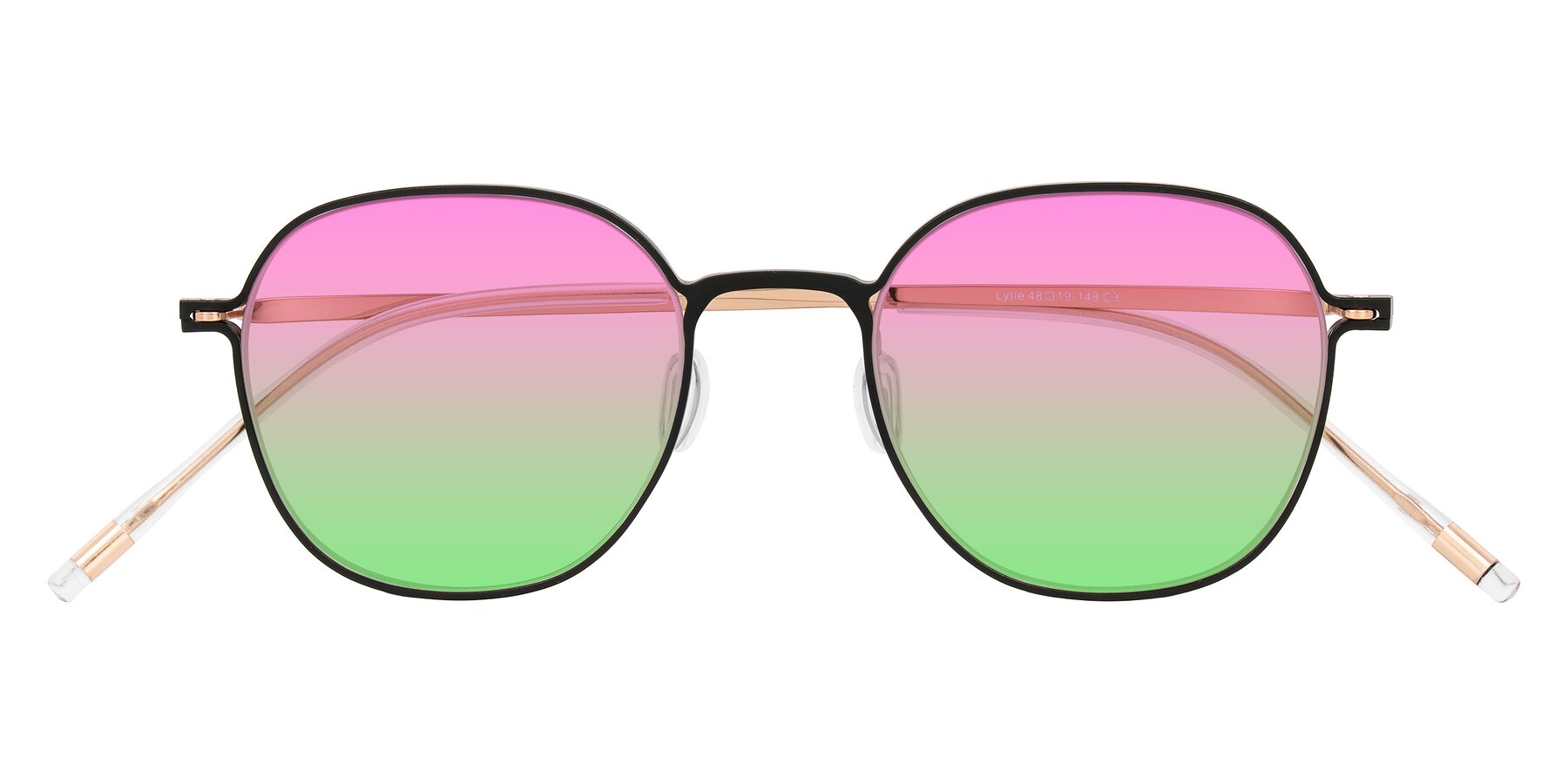 Folded Front of Lytle in Matte Black/Rose Glod with Pink / Green Gradient Lenses