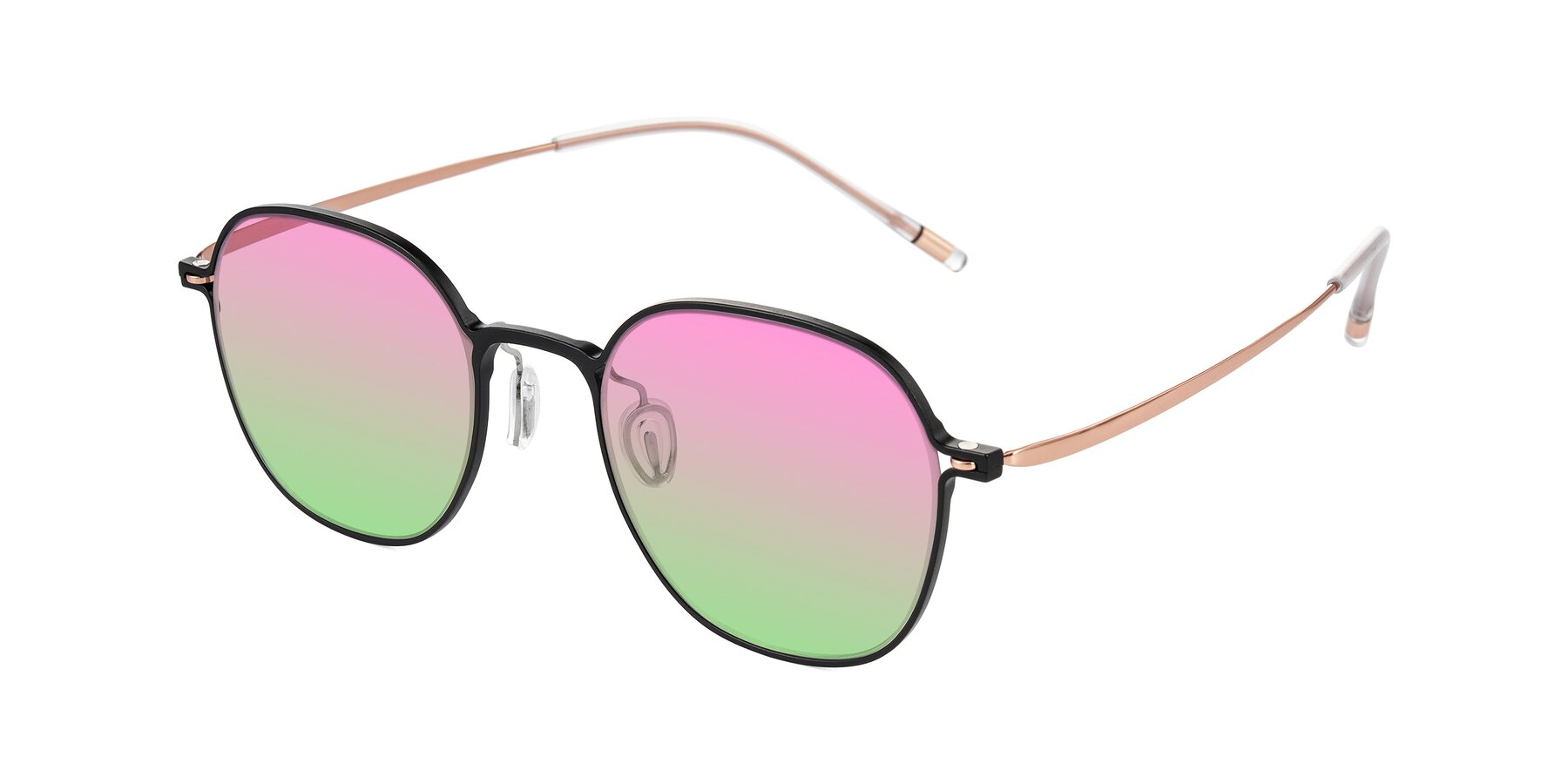 Angle of Lytle in Matte Black/Rose Glod with Pink / Green Gradient Lenses